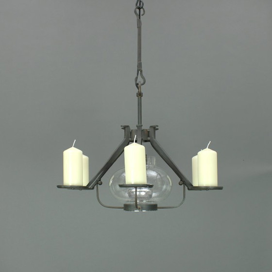 Image 1 of Manfred Bergmeister (1927-2019) - Brutalist handmade wrought bronze pendant lamp / six light candelabra