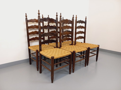 Set di 6 sedie vintage Arts & Crafts nello stile di Antonio Calligaris in legno di quercia e corda degli anni '50