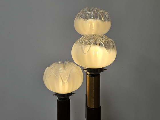 Image 1 of Lámpara de pie de cristal de Murano de mediados de siglo en madera y metal con tres puntos de luz, década de 1970