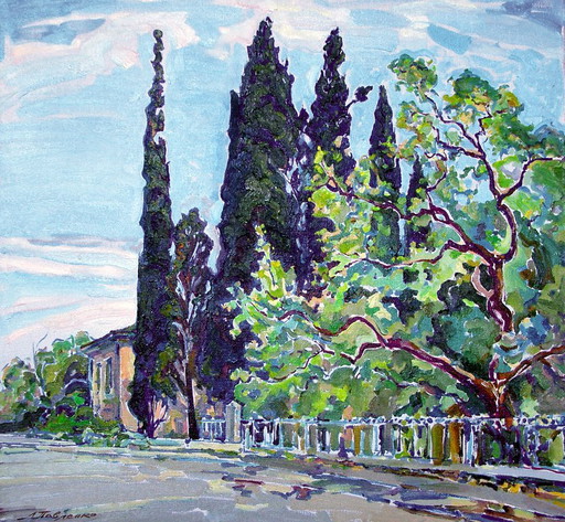 Original Ölgemälde Stadtlandschaft Sommer Straßenlandschaft mit Zypresse