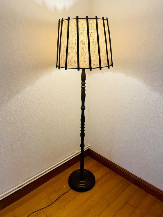Image 1 of Mid-Century, Turned Wood, Bamboo Rattan Floor Lamp Circa 1950s