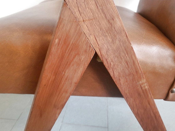 Image 1 of PAIRE DE FAUTEUILS BRIDGE VINTAGE 1950 PIEDS COMPAS CHENE & SIMILI-CUIR HAVANE