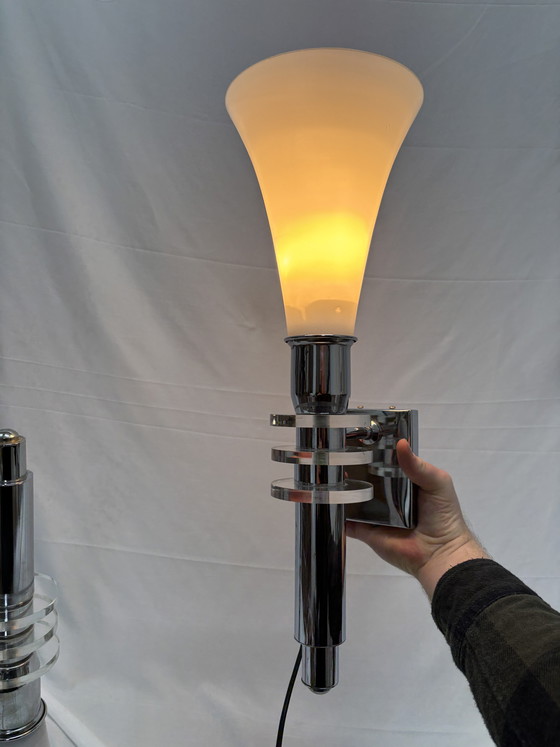 Image 1 of Set van 2 Vintage Art Deco Wandlampen Chroom & Glas Jaren 80