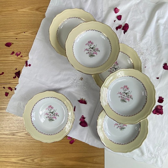 Image 1 of 6 antieke crèmekleurige aardewerken soepborden met verguldsel, Amandinoise-patroon, Brigitte-design