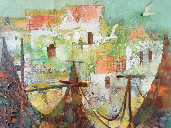 Original Ölgemälde Abstrakter Expressionismus Meeresküste Stadt Fischernetze – Gemälde & Zeichnungen, Canvas (photo 5 of 9)