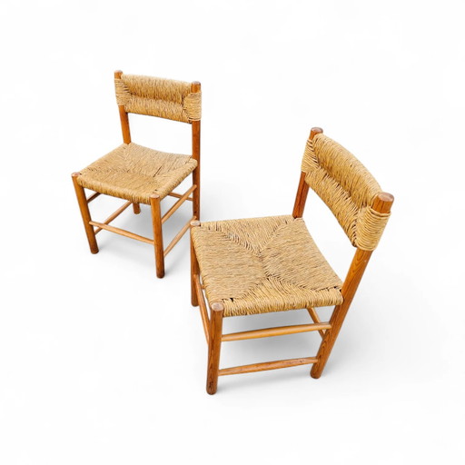 2 x Esszimmerstühle aus Kiefernholz und geflochtenem Schilf / Frankreich 1950er Jahre