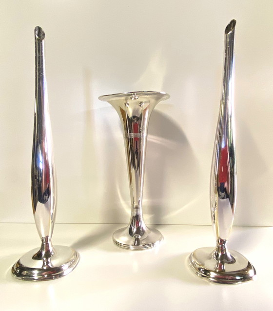 Image 1 of Lots de Petits Vases Soliflores Anciens Laiton & Bronze Argenté WMF Art Déco