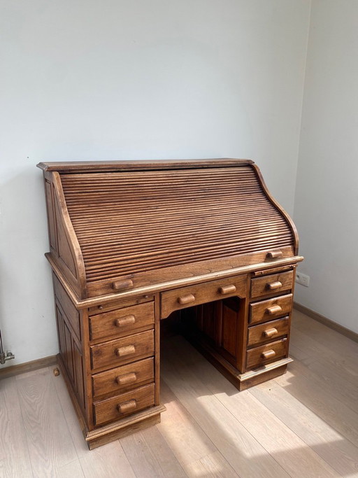 Roll top/tambour bureau in massief eik (1900-1930)