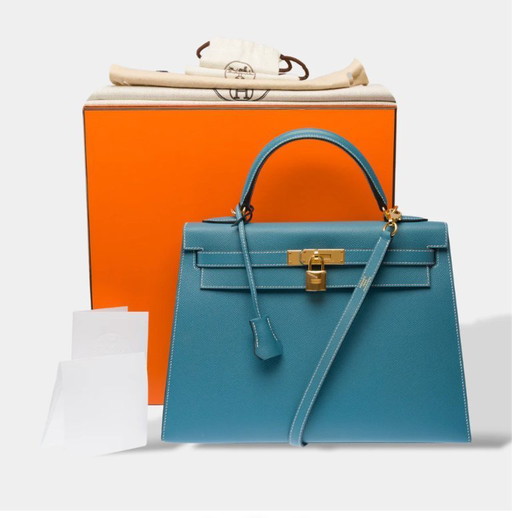 Sac HERMES Kelly 32 in Cuir Bleu - 103329