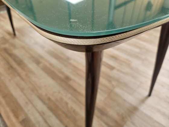 Image 1 of Mid-century mahogany dining table with aquamarine glass top