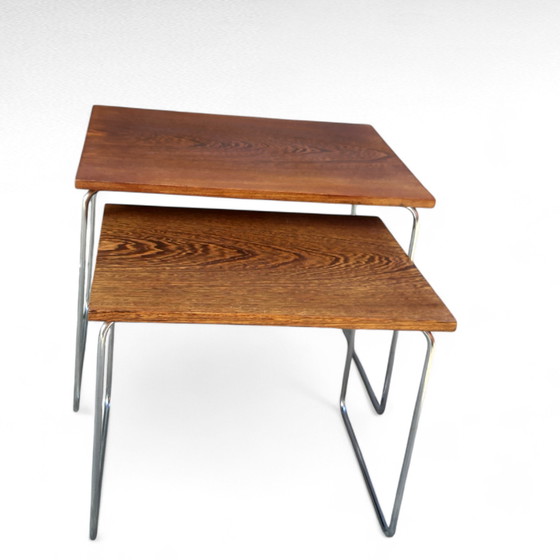 Image 1 of Juego de 2 mesas auxiliares Brabantia, tablero de wengué, patas cromadas