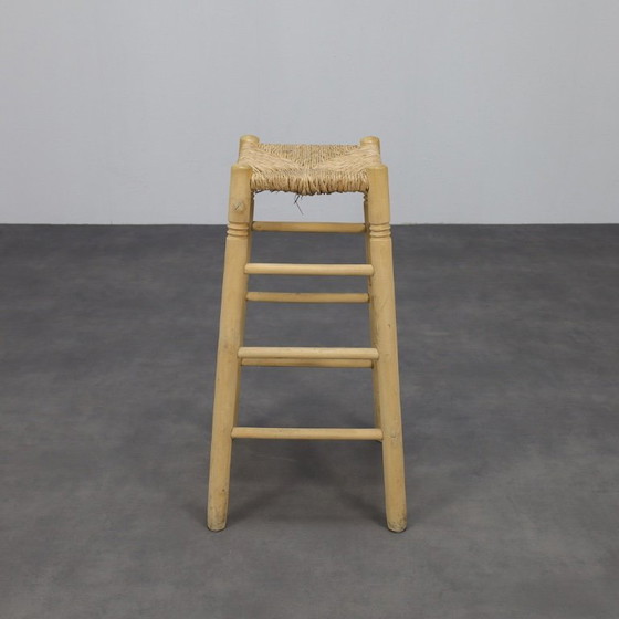 Image 1 of Ensemble de 4 tabourets de bar en bois et canne, 1970