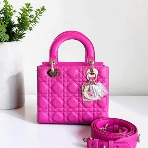 DIOR LADY SMALL FLAP - PELLE DI AGNELLO CANNAGE ROSA BARBIE, FERRAMENTA ORO