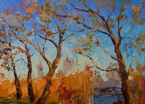 Origineel olieverfschilderij Herfstlandschap Natuur Rivier Tijdens een wandeling – Schilderijen & Tekeningen (photo 7 of 8)