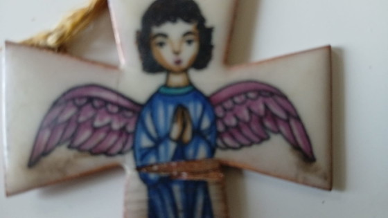 Image 1 of Crucifix Cross Copper Enamel Vintage Cradle Cross Angel