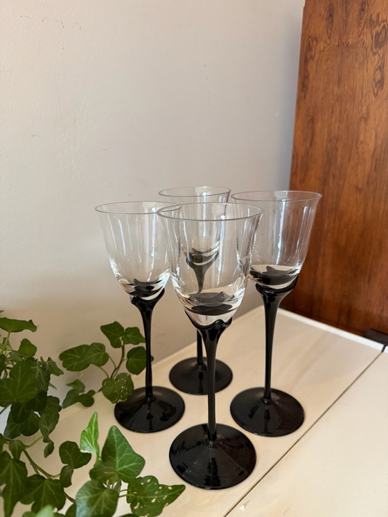 Set of 4 Vintage Wine Glasses Black Stem, Glass & Decanter (photo 2 of 6)