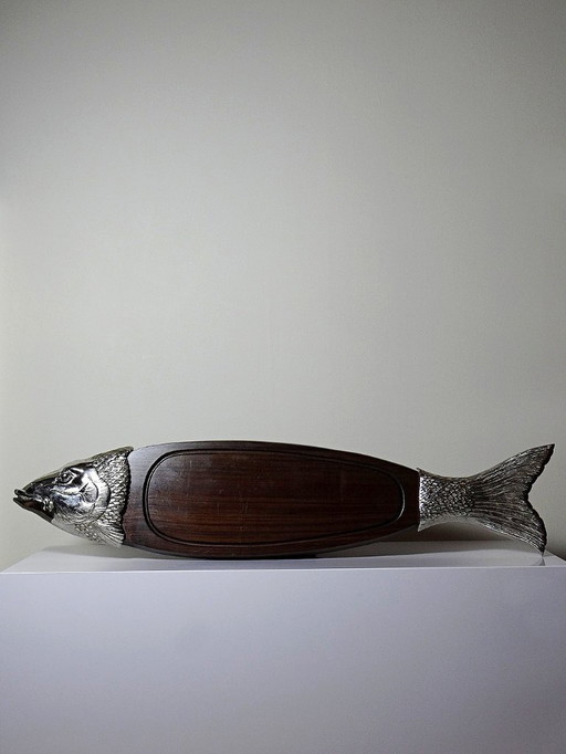 Grand plateau de service à saumon bois et métal argenté vintage années 60