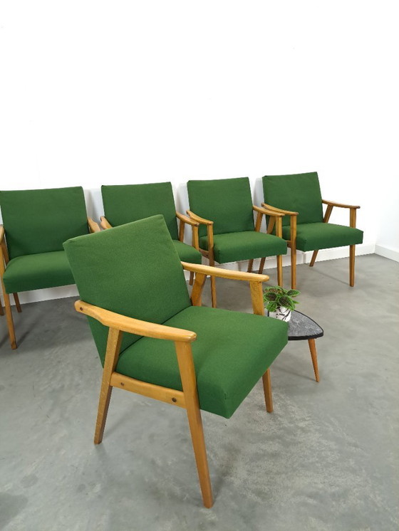 Image 1 of Set of 6 groene eetkamerstoelen met beukenhout