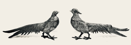 Vintage beautiful pair of pheasants in silver plated bronze. Vintage - 1950.