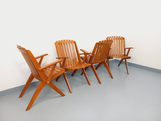 Image 1 of Set of 4 vintage beechwood garden armchairs from the 1960s