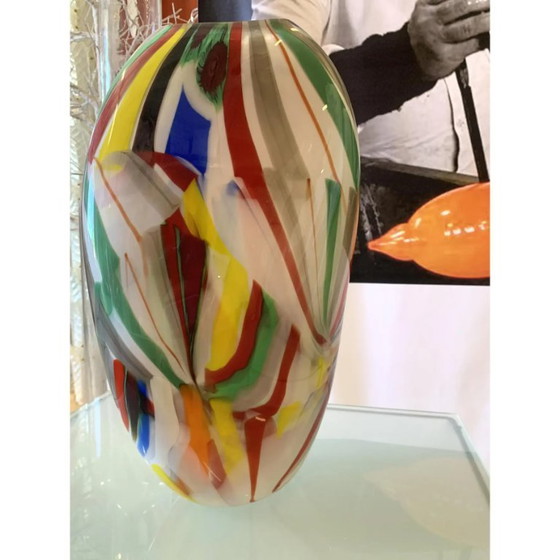 Image 1 of Abstract Vase in Milky-White Murano-Inspired Glass with Multicolored Reeds