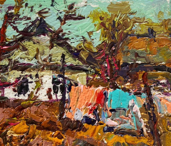 Image 1 of Original Oil Painting Spring Village Landscape Village with the approach of spring