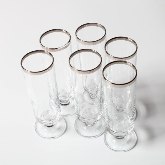 Image 1 of Set van 6 vintage Italiaanse heldere wijnglazen met zilveren rand, mid-century stijl / jaren 1950