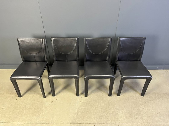 Image 1 of Black leather dining chairs by Arper italy, 1980s - set of 4