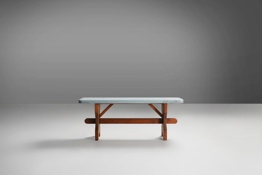 Rustic Art Deco Wooden Bench with Blue Top, France, 1930s