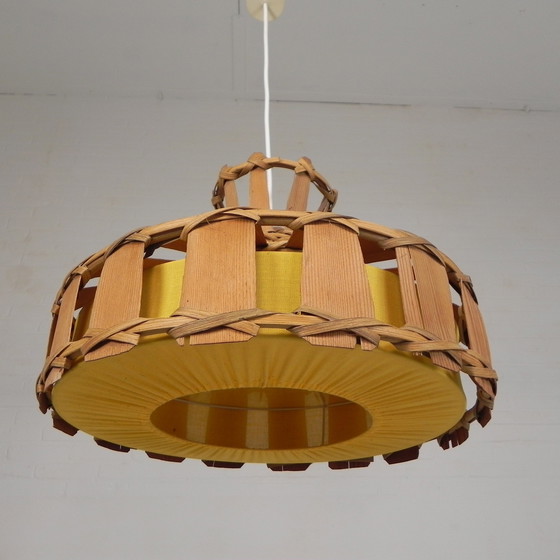 Image 1 of Lampada a sospensione vintage con paralume in rattan, foglia di palma e tessuto, anni '70