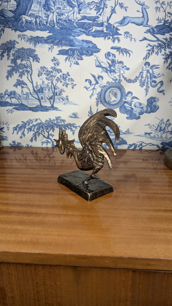Image 1 of Yves LOHÉ "Cocorico" verguld bronzen haan sculptuur met certificaat, Vintage 1990
