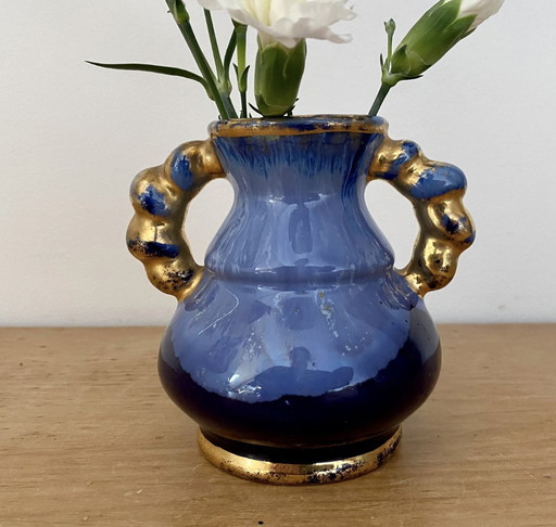 Vase Vintage Art Déco En Grés Bleue Et Dorée