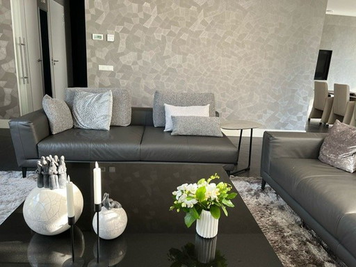 2 x Montel Hampton Sofa Set - Gray Leather - Fabric Cushions