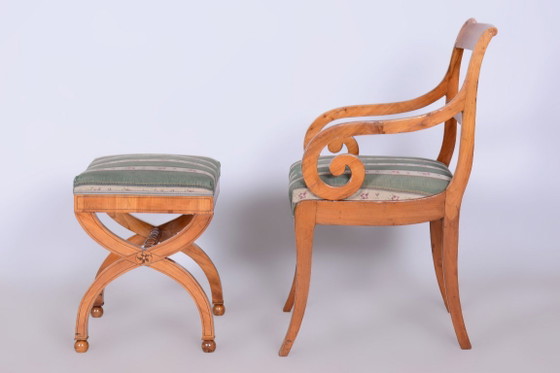 Restored Biedermeier Armchair with Stool, Beech, Oak, Cherry, Austria, 1830s – Textile, Wood (photo 16 of 20)