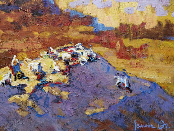 Original Oil Painting Countryside Hills Pasture Evening Landscape, Paintings & Drawings, Canvas, Orange (photo 7 of 11)