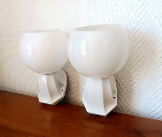 Image 1 of 2x Art Deco Porcelain and Opaline Wall Sconces