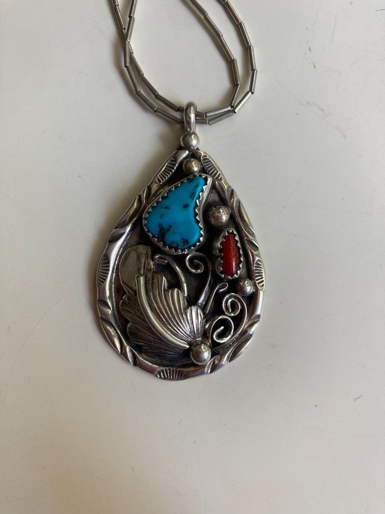 Image 1 of Navajo Indiaanse bloemenhanger (sterling zilver, turkoois, koraal)