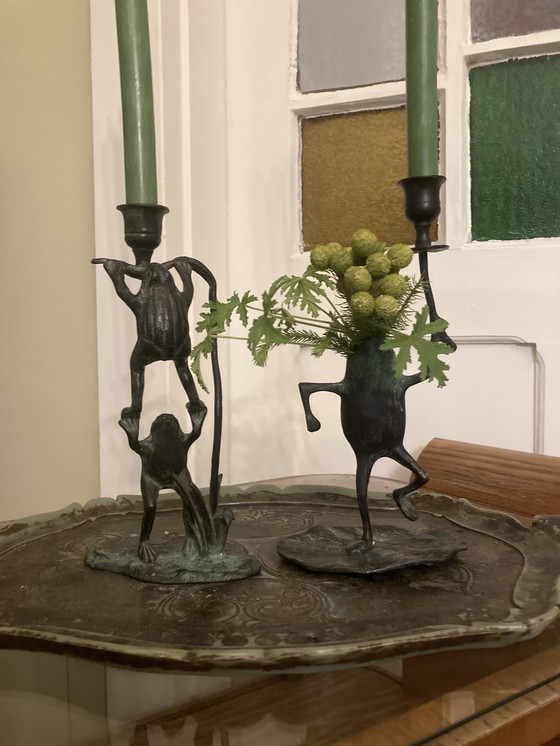Image 1 of Vintage bronze candle holders, collectible frogs