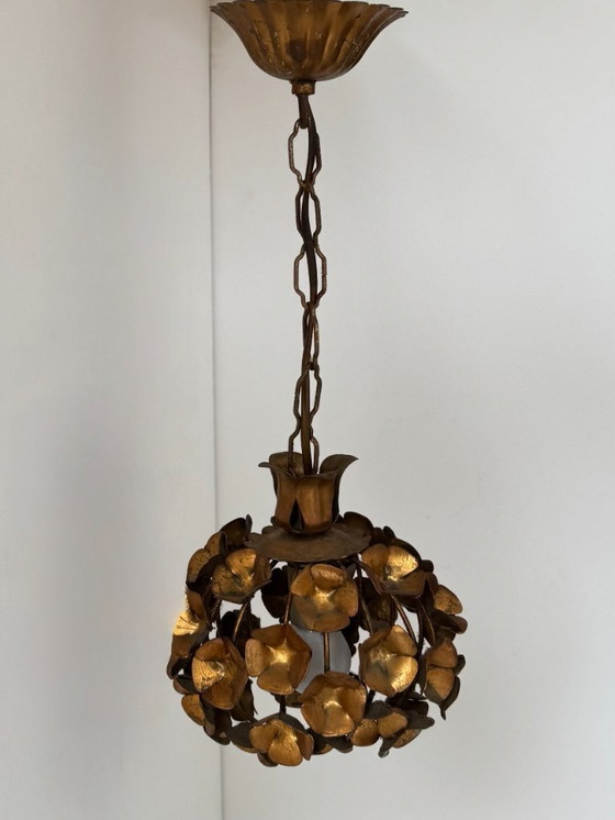 Image 1 of Vintage floral motif pendant light, gilt metal, France, 1970