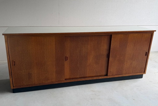Vintage Teak School Cabinet with Sliding Doors
