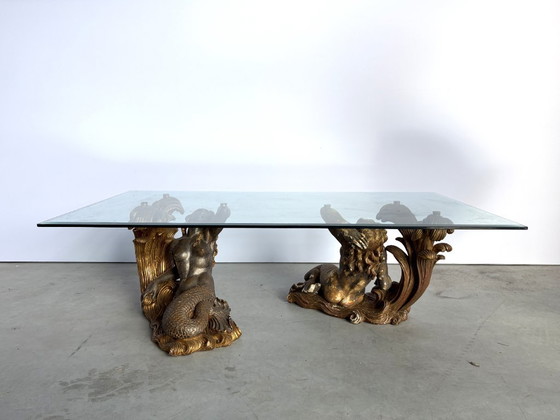 Vintage Gilt Wood Mermaid Coffee Table, 1960s - Italy, Glass, Brown (photo 10 of 13)