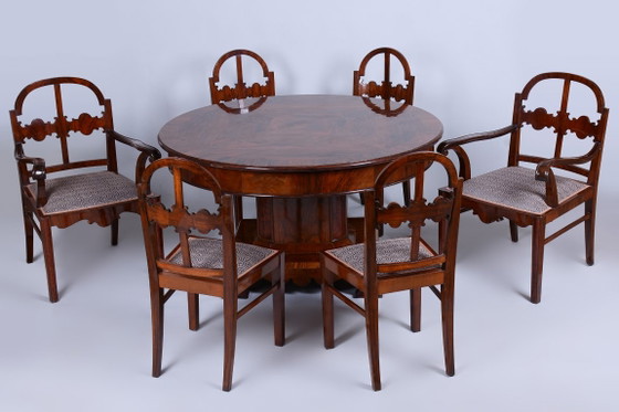Restored Art Deco Dinig Set, Caucasian Walnut, Thuja, Polished, England, 1920s – Dining set, Textile, Wood (photo 14 of 19)