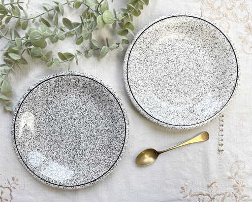 2 Small Vintage Italian Black and White Speckled Faience Plates
