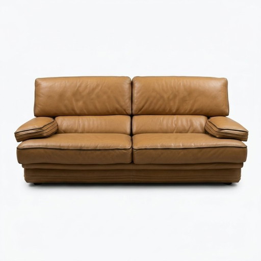 Ensemble de sièges en cuir Roche Bobois Design (canapé 3 places, canapé 2 places et fauteuil) - Cognac / Brun Havane