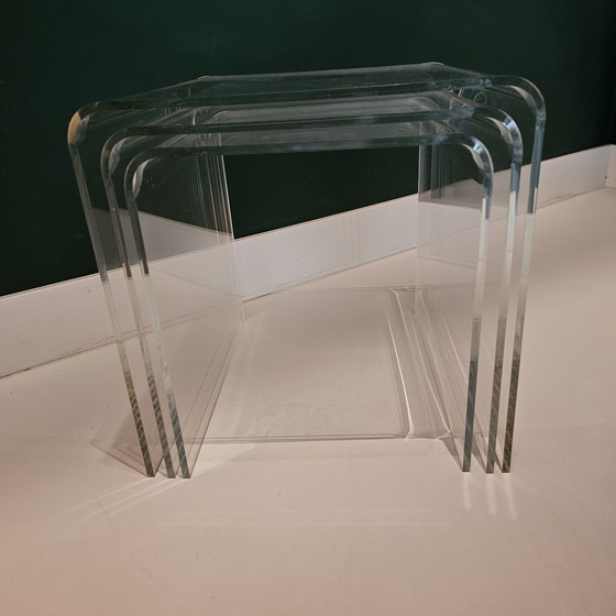 Image 1 of Set Of 3 Vintage Plexiglass Side Tables: Translucent Curved Acrylic Glass Tables, Perspex, Transparent, Mid - Century, Space Age