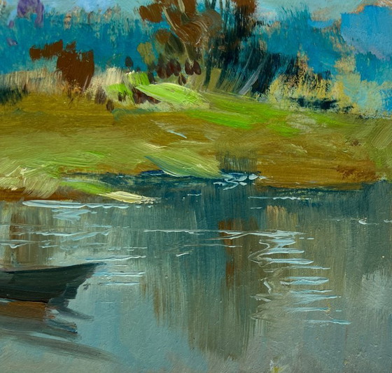 Image 1 of Original Oil Painting Summer Church Landscape A lonely boat among the reeds