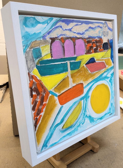 ST IVES HAVEN & BOTEN CANVAS SCHILDERIJ GESIGNEERD ABSTRACT NIGEL WATERS INGELIJST