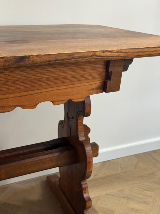 Image 1 of Antique German / Alpine Trestle Table With Drawer
