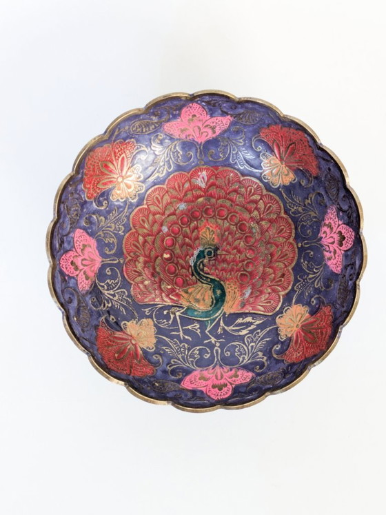 Vintage Brass Peacock Bowl, India Painted Enamel, Scalloped Footed Dish (photo 3 of 14)