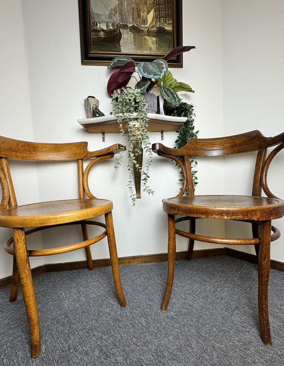 Image 1 of Origineel duo vintage bentwood armstoelen – Thonet (Bieletz-Mistelbach, ca. 1920) & Fischel (Czechoslovakia, ca. 1950)